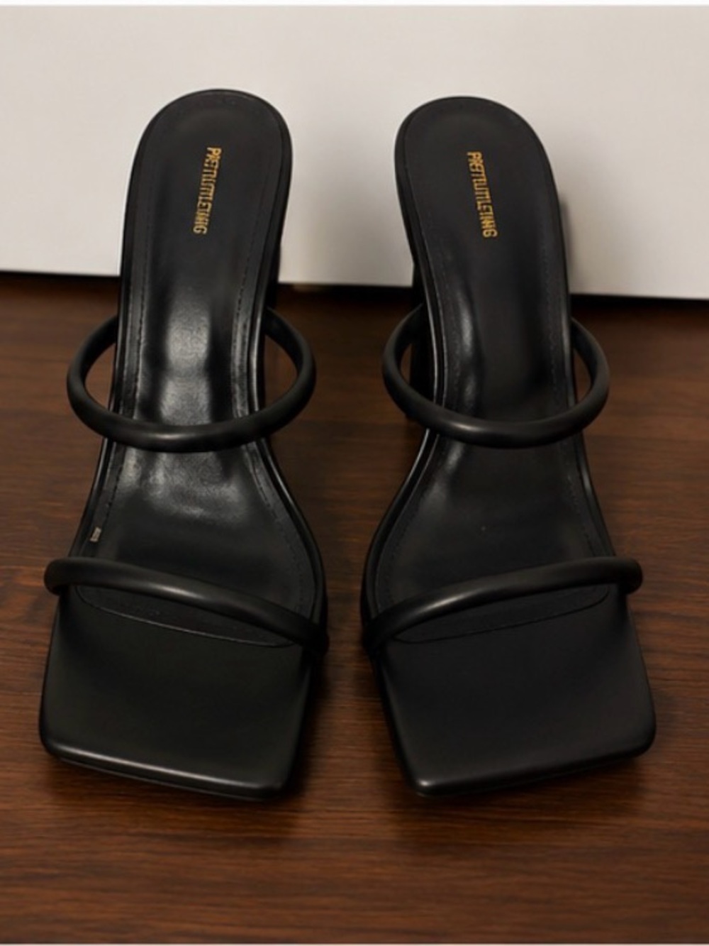 PRETTYLITTLETHING Black Double-Strap Square-Toe Mules